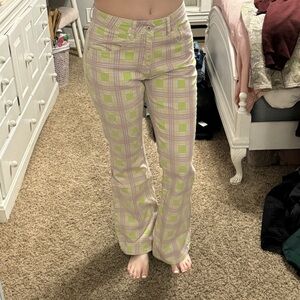 The Ragged Priest Plaid Flare Jeans - Green and Pink